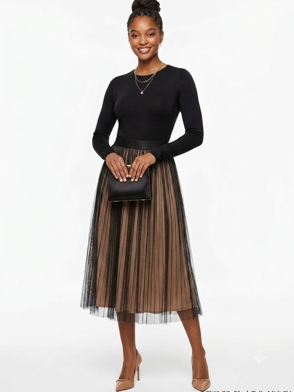 RW&CO. Black Tulle Midi Skirt with Nude Lining